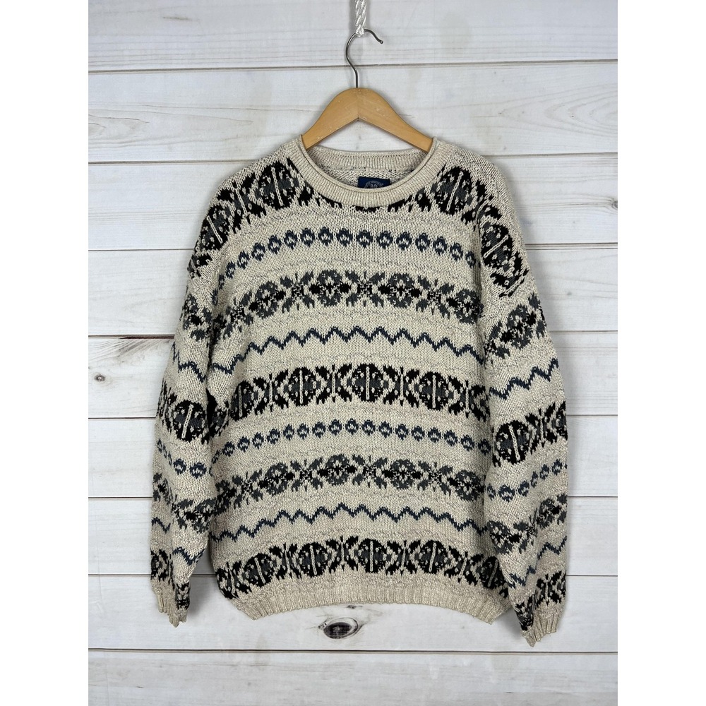 BD Baggies Sweater Mens Large Beige Fair Isle Chunky Grandpa Cotton USA 90s